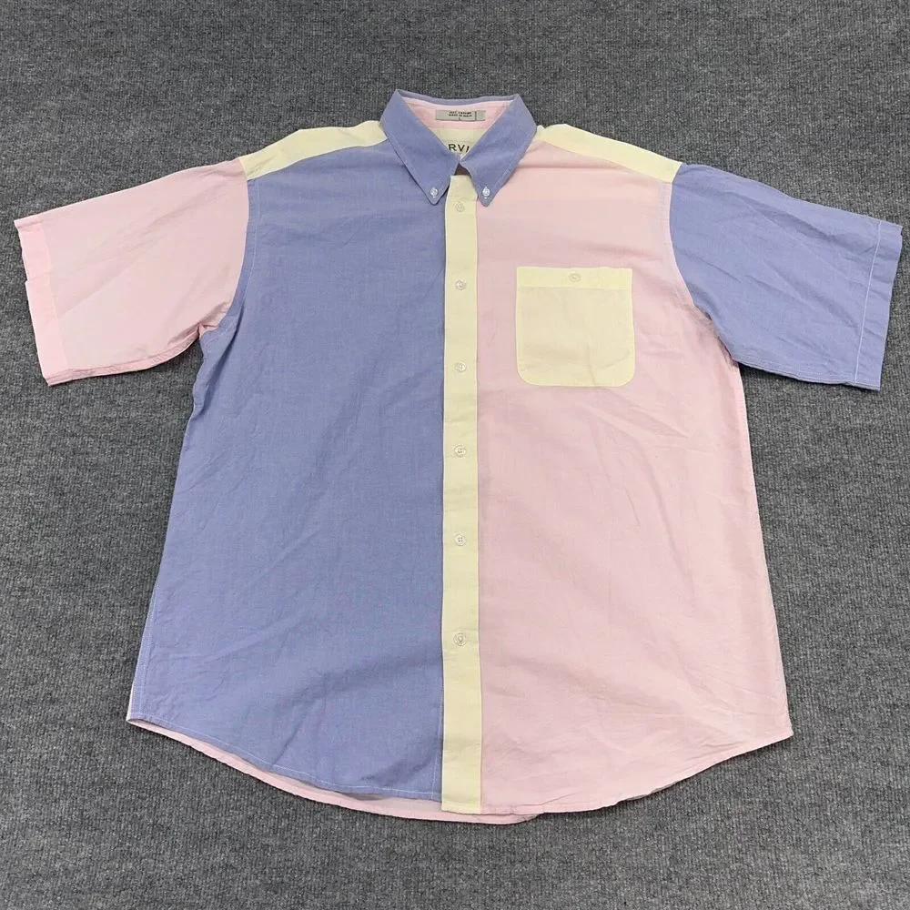 ORVIS Shirt Mens L Pink Blue Yellow Short Sleeve Button Up Colorblock Pastel VTG - Picture 2 of 8